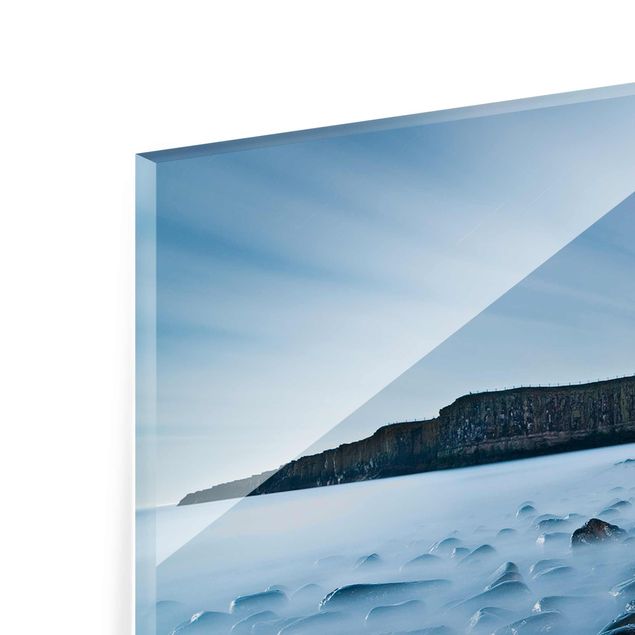 Glass prints beach Sunrise With Fog At Dunstanburgh Castle