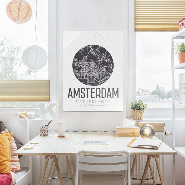 Glass prints black and white Amsterdam City Map - Retro