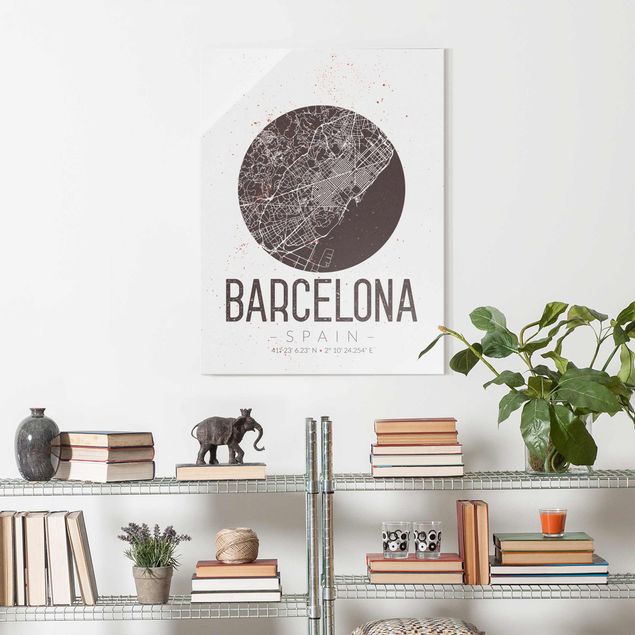 Glass prints black and white Barcelona City Map - Retro