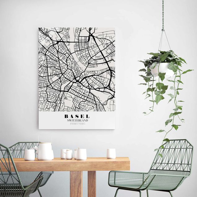 Glass prints black and white Basel City Map - Classic