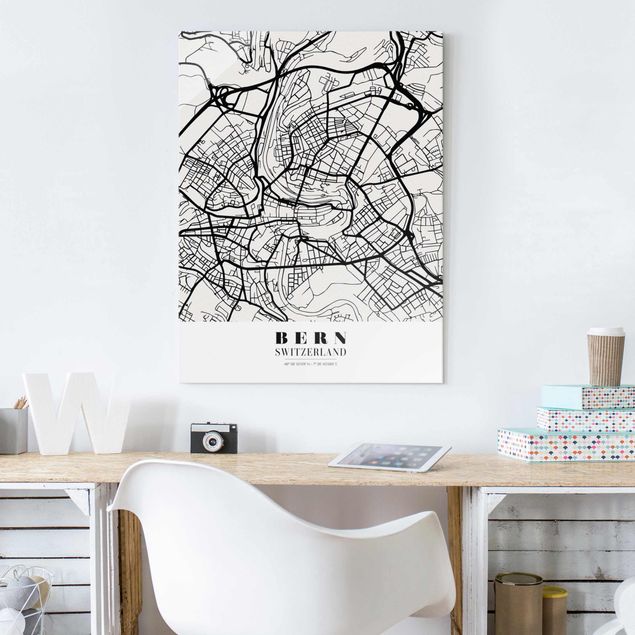 Glass prints black and white Bern City Map - Classical
