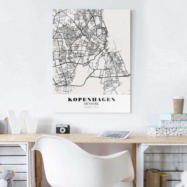 Glass prints black and white Copenhagen City Map - Classic
