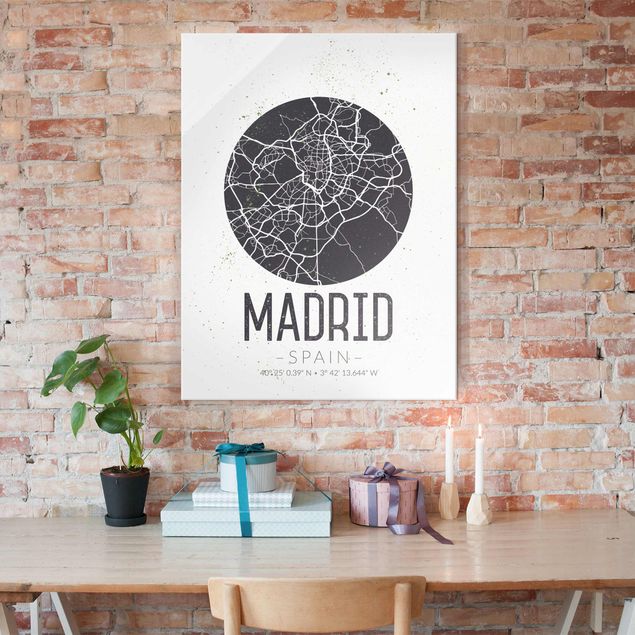 Glass prints black and white Madrid City Map - Retro