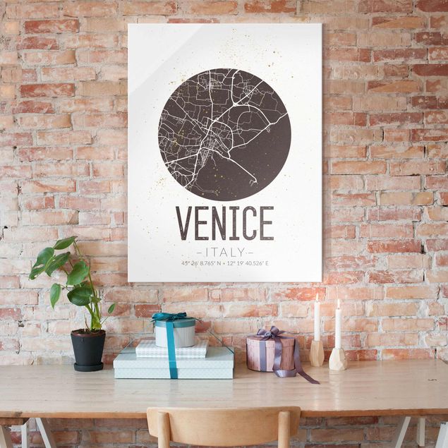 Glass prints black and white Venice City Map - Retro