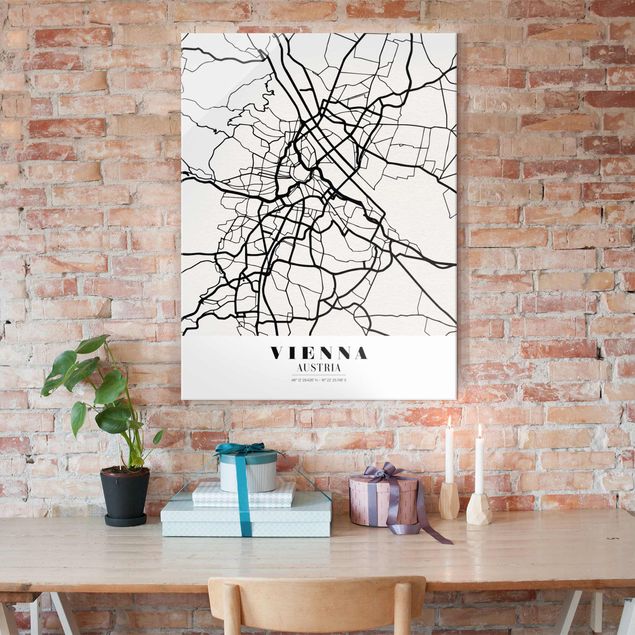 Glass prints black and white Vienna City Map - Classic