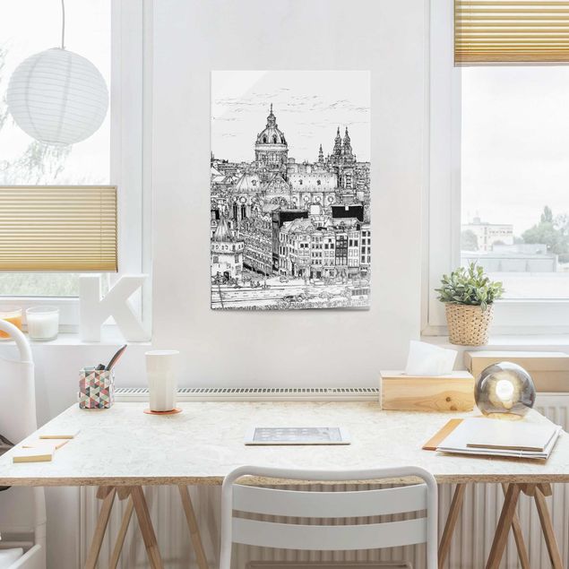 Glass prints black and white City Study - Old Town