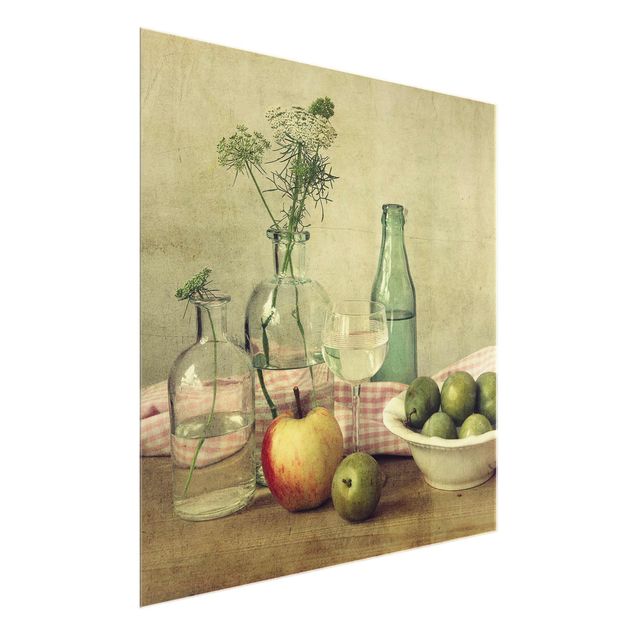 Floral canvas Still Life with Bottles
