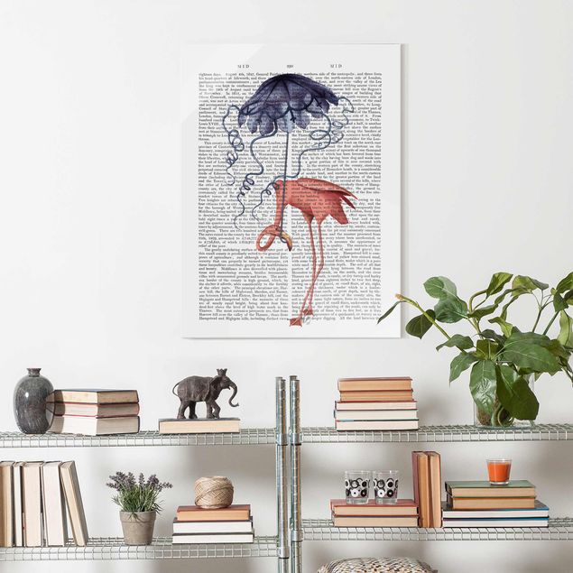 Glass prints sayings & quotes Animal Reading - Flamingo With Umbrella