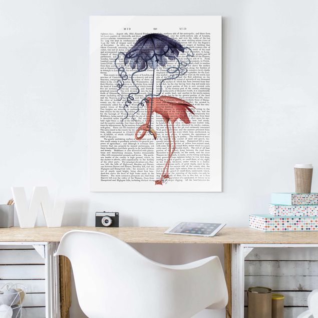 Glass prints pieces Animal Reading - Flamingo With Umbrella