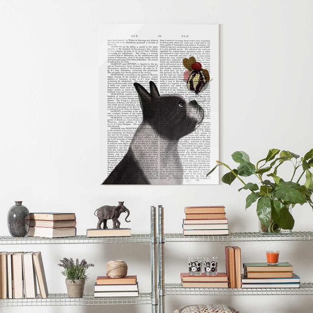 Glass prints black and white Animal Reading - Terrier With Ice