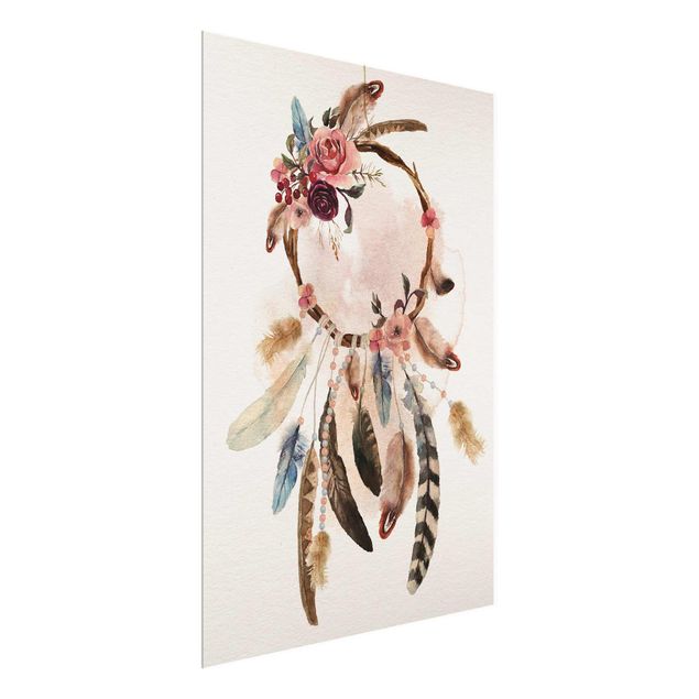 Glass prints spiritual Dream Catcher With Roses And Feathers