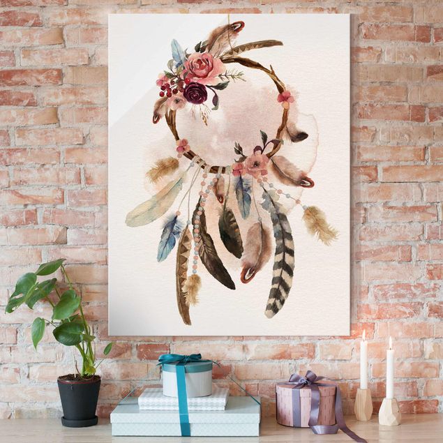 Glass prints rose Dream Catcher With Roses And Feathers