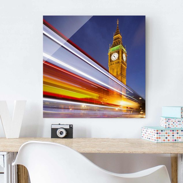 Glass prints London Traffic in London at the Big Ben at night