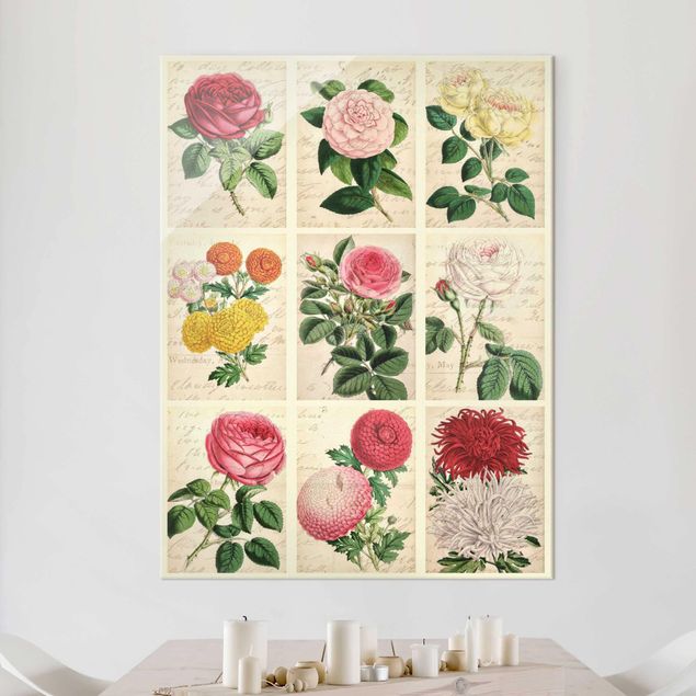 Glass prints rose Vintage Floral Collage