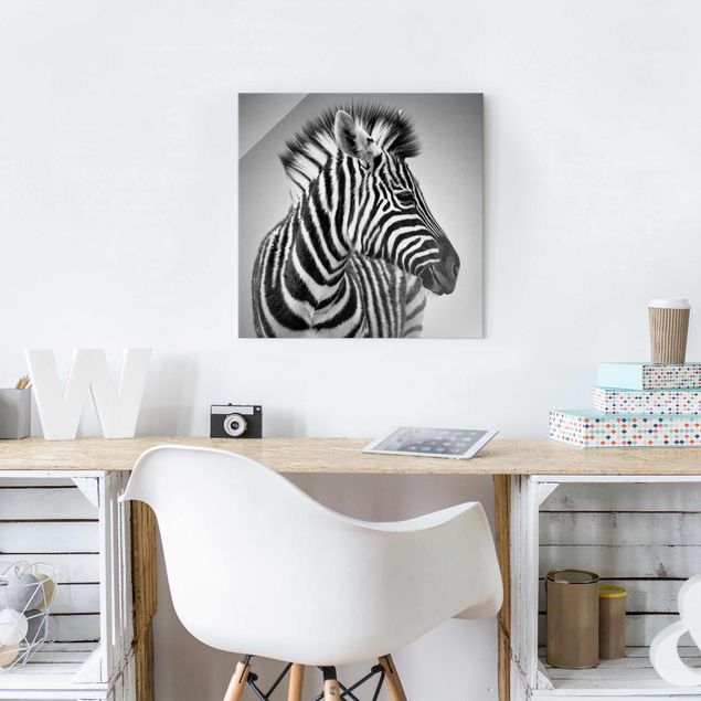Glass prints black and white Zebra Baby Portrait II
