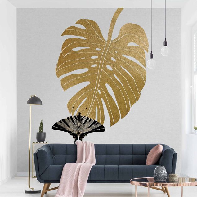 Gold wallpapers Golden Monstera With Butterfly