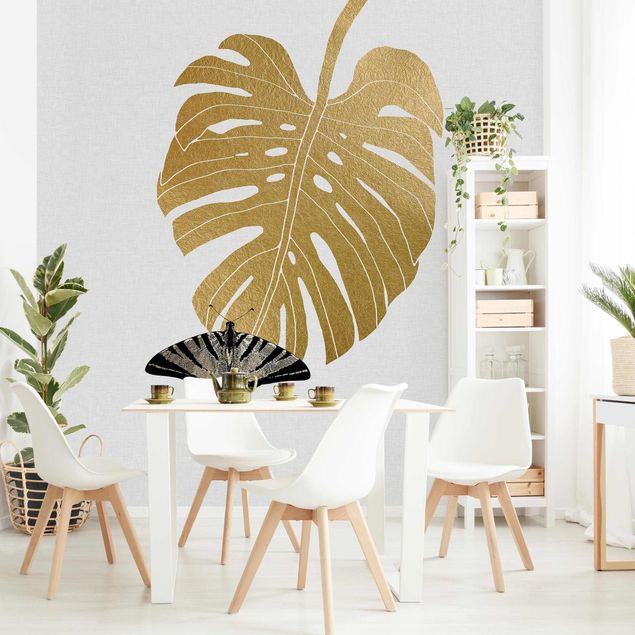 Floral wallpaper Golden Monstera With Butterfly