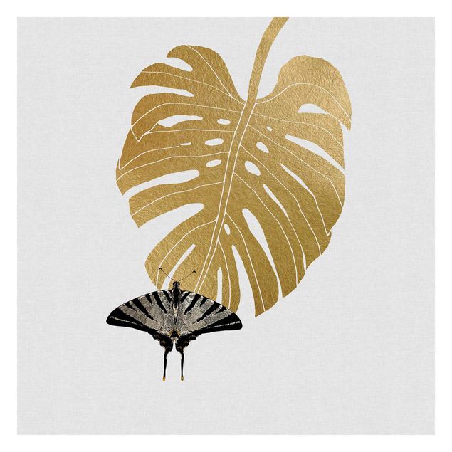 Peel and stick wallpaper Golden Monstera With Butterfly