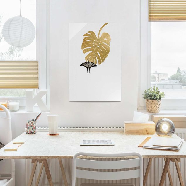 Butterfly framed art Golden Monstera With Butterfly