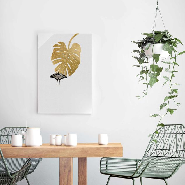 Glass prints flower Golden Monstera With Butterfly