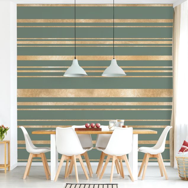 Striped wallpaper Golden Stripes Green Backdrop