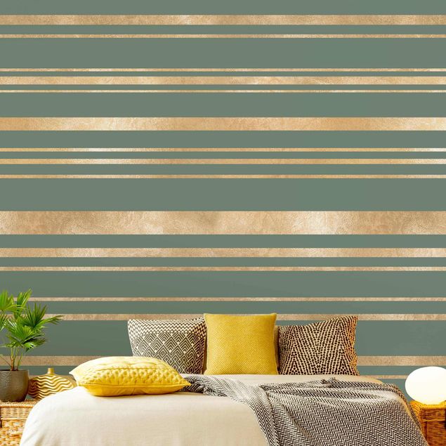 Wallpapers modern Golden Stripes Green Backdrop