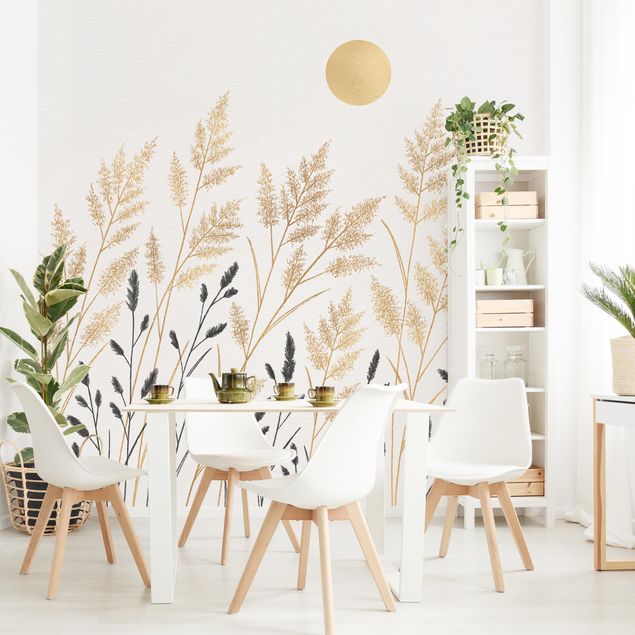 Modern wallpaper designs Grasses And Moon In Gold And Black