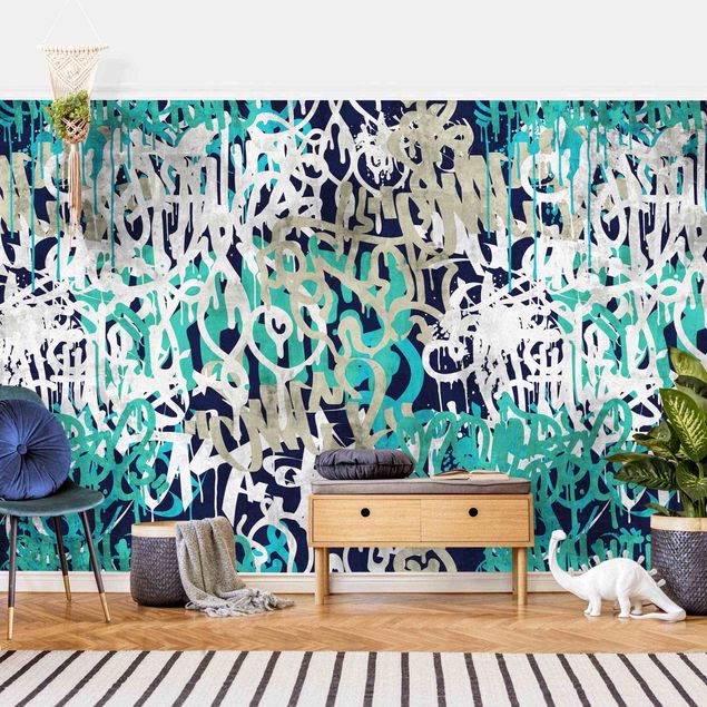 Contemporary wallpaper Graffiti Art Tagged Wall Turquoise