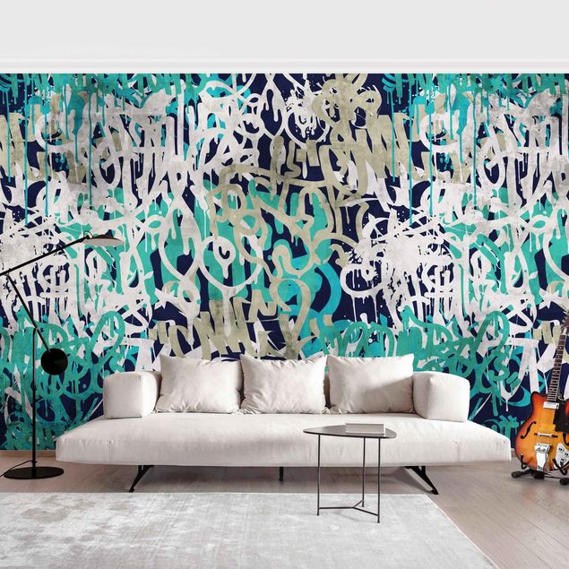 Industrial look wallpaper Graffiti Art Tagged Wall Turquoise
