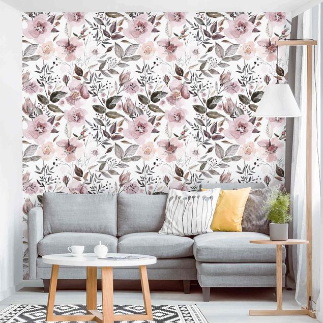 Wallpapers modern Gray Leaves With Watercolour Flowers