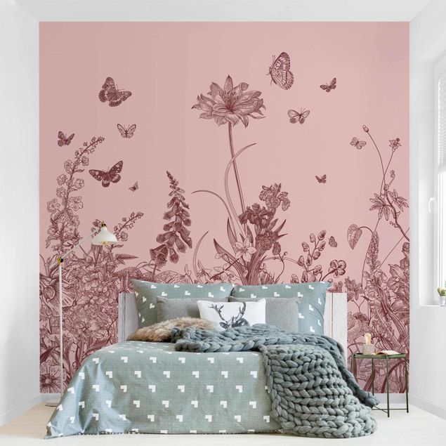 Wallpapers butterfly Large Flowers With Butterflies On Pink