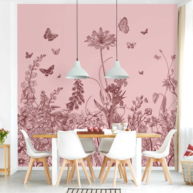 Wallpapers animals Large Flowers With Butterflies On Pink