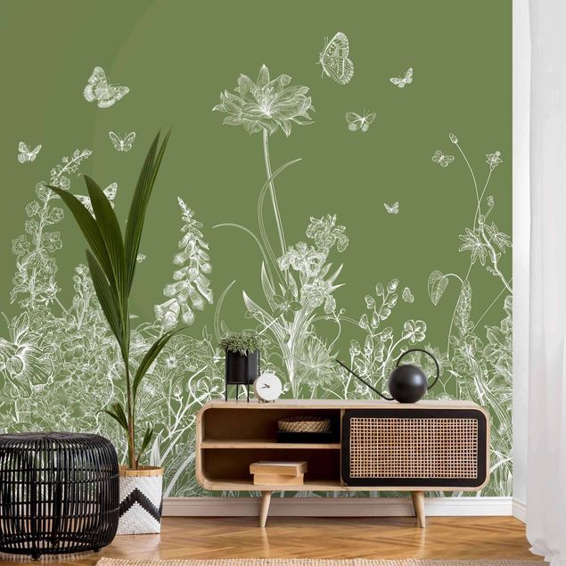 Aesthetic butterfly wallpaper Large Flowers With Butterflies In Green