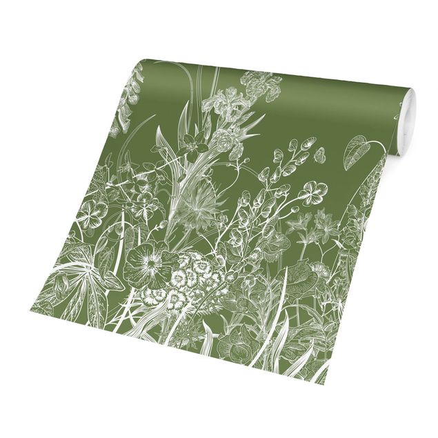 Contemporary wallpaper Large Flowers With Butterflies In Green