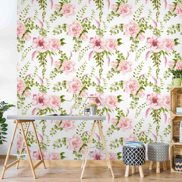 Contemporary wallpaper Green Leaves With Pink Flowers In Watercolour