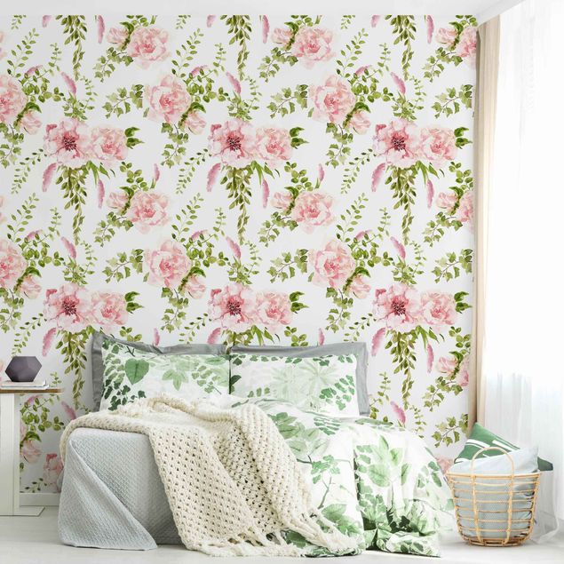 Wallpapers patterns Green Leaves With Pink Flowers In Watercolour