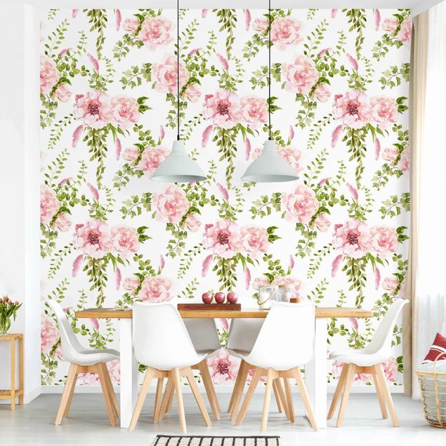 Wallpapers green Green Leaves With Pink Flowers In Watercolour