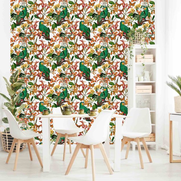 Floral wallpaper Green Parrots With Tropical Butterflies