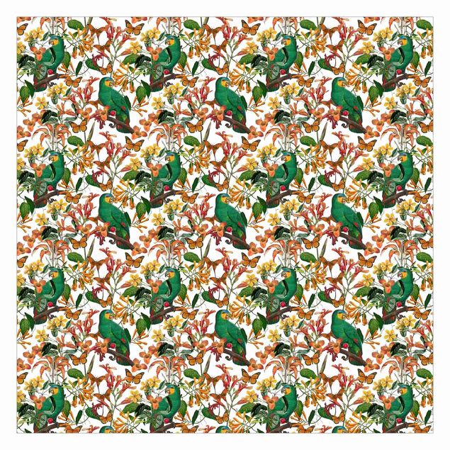 Vintage aesthetic wallpaper Green Parrots With Tropical Butterflies