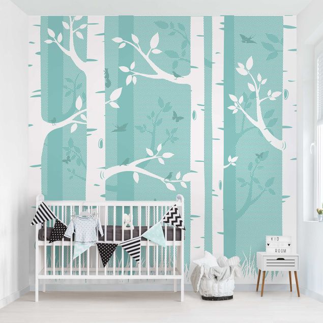 Wallpapers modern Green Birch Forest With Butterflies And Birds
