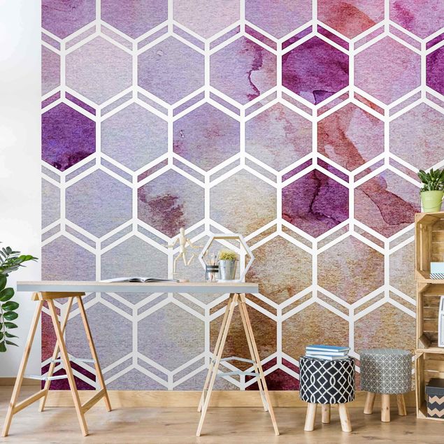 Geometric pattern wallpaper Hexagonal Dreams Watercolour In Berry