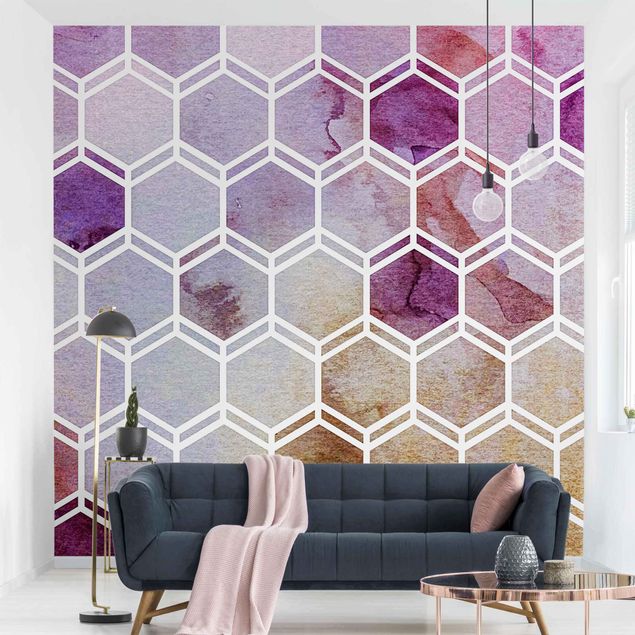 Modern wallpaper designs Hexagonal Dreams Watercolour In Berry