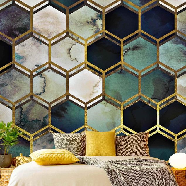Geometric shapes wallpaper Haxagonal Dreams Watercolour With Gold