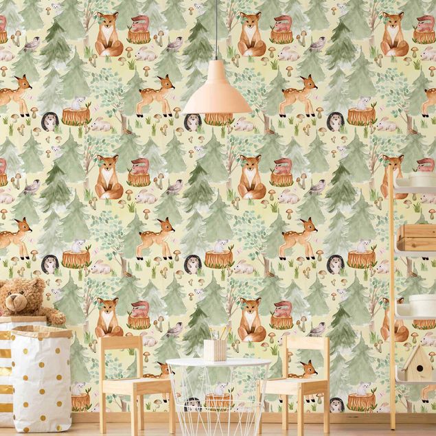 Nursery decoration Hedgehog And Fox With Trees Green