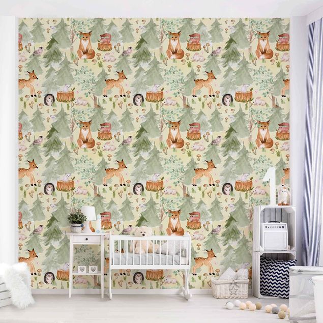 Modern wallpaper designs Hedgehog And Fox With Trees Green