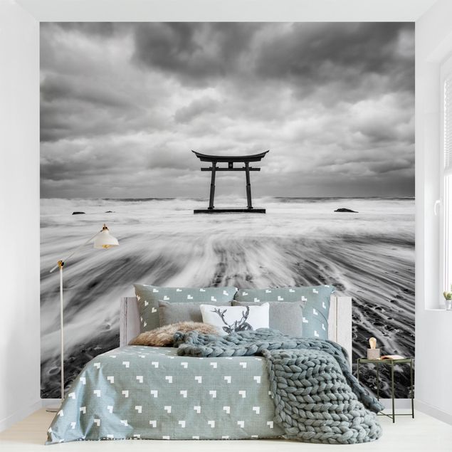 Black and white aesthetic wallpaper Japanese Torii In The Ocean
