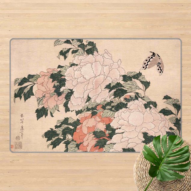 modern area rugs Katsushika Hokusai - Pink Peonies With Butterfly