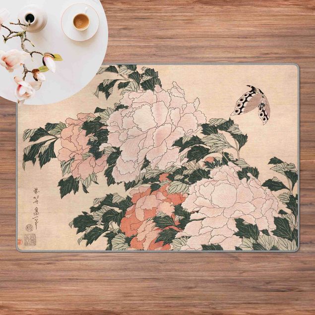 floral area rugs Katsushika Hokusai - Pink Peonies With Butterfly