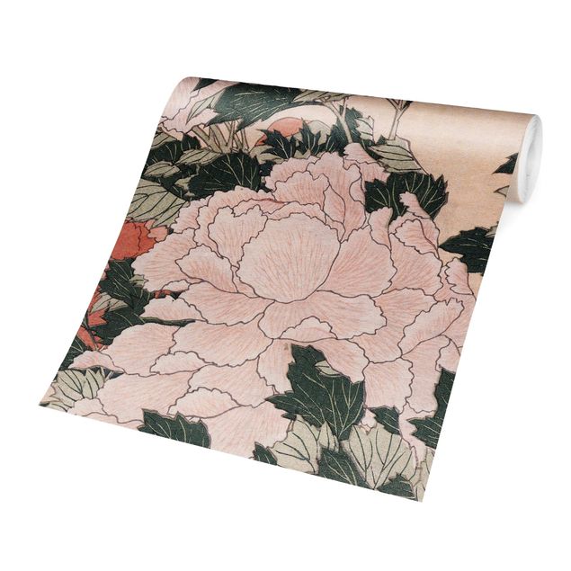 Floral wallpaper Katsushika Hokusai - Pink Peonies With Butterfly