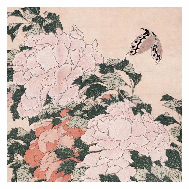 Wallpapers animals Katsushika Hokusai - Pink Peonies With Butterfly